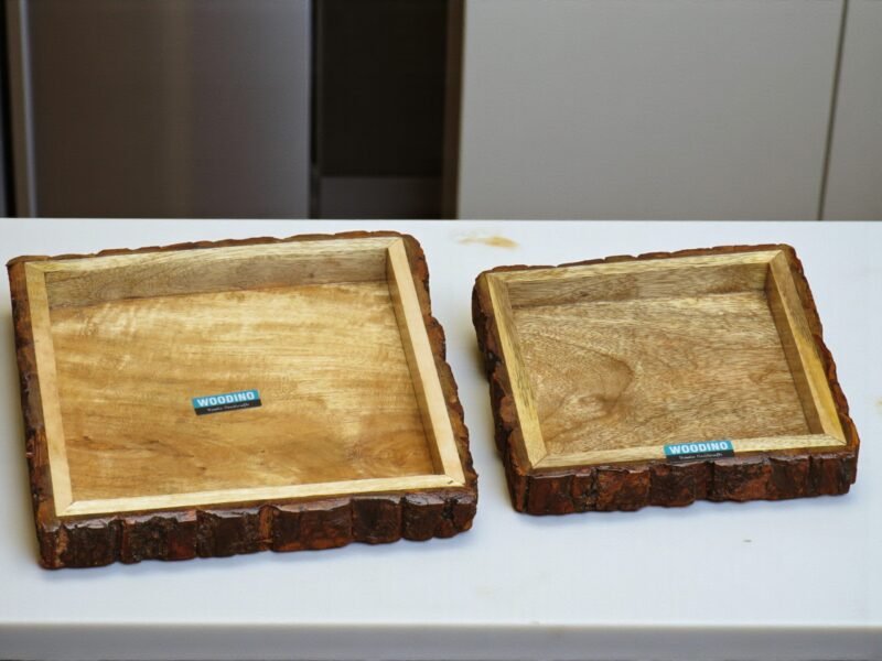 Woodino Woodino Square (Set of 2) Mango Wood Serving Platter Chhal/Bark/Bakkal Glossy Finish Multipurpose Wooden Tray for Snacks, Fruits & Restaurants Hotels (Size: 8" & 10")