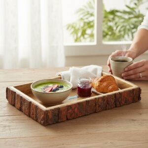 Woodino Glossy Polish Rectangular Mango Wood Bark Serving Platter – 15x9" Multipurpose Wooden Tray for Snacks, Fruits & Decor