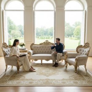 Luxury Royal Carved Sofa Set |  Antique Gold Finish, Handcrafted Solid Teak Wood