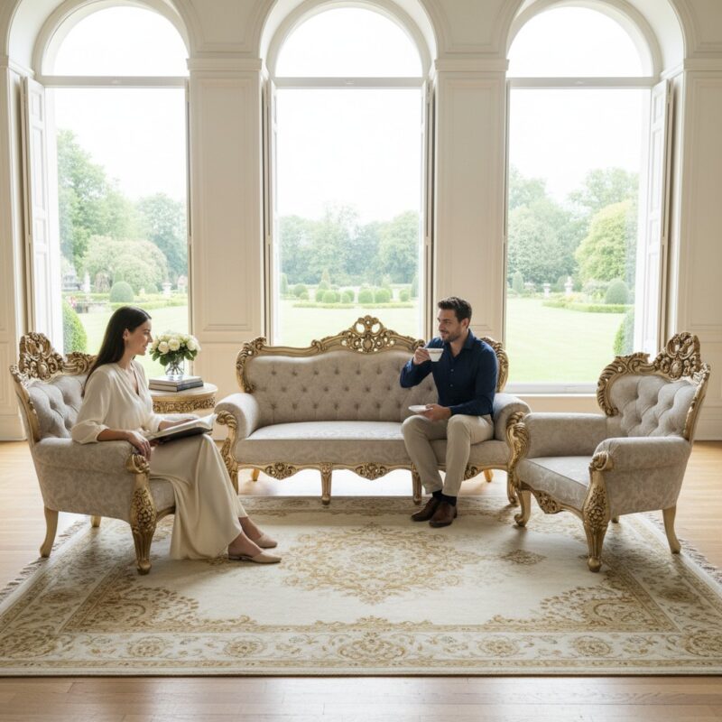 Woodino Luxury Royal Carved Sofa Set | Antique Gold Finish, Handcrafted Solid Teak Wood