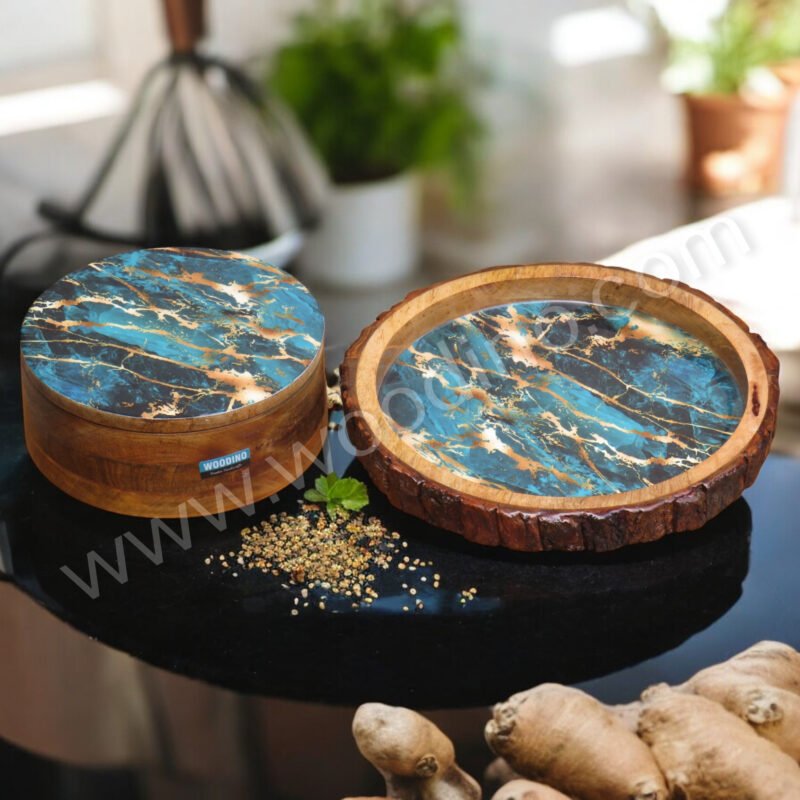 Woodino Woodino Resin Print Mango Wood Casserole with Platter Combo Set