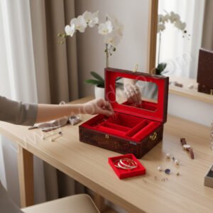 Woodino Pure Sheesham Wood Jewellery Box (15×10×4 Inch) – Heavy Brass Inlay & Hand Carving Premium Women’s Bangle Big Box Organizer