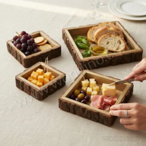 Woodino Mango Wood Logs Square Bowl & Serving Platter Set of 4