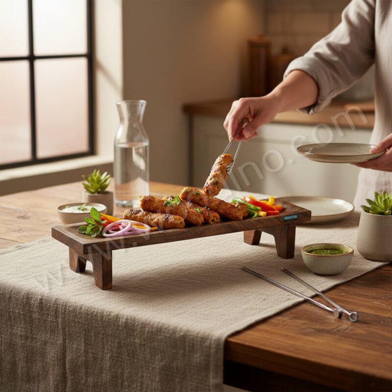 WP059 (2) Woodino Woodino Mango Wood Seekh Kabab Platter (22x5 Inch) – Serving Platter for Kabab, Burgers, Fries & Fast Food