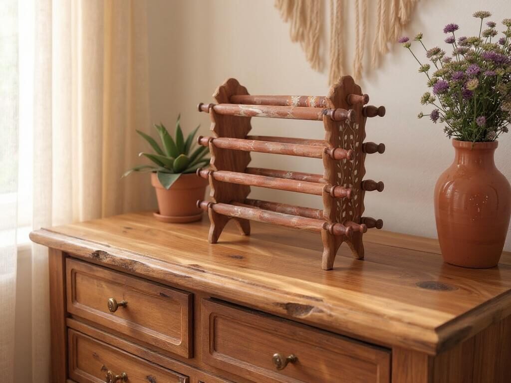 Wooden quilt rack on dresser with plants and a woven wall hanging in a cozy room.