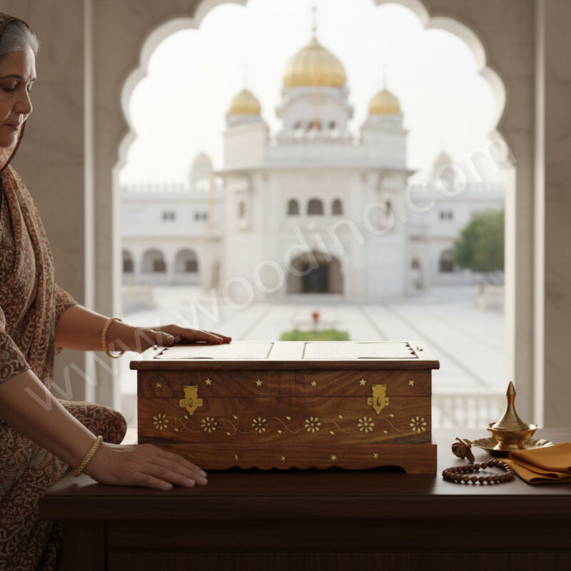 Woodino Woodino Pure Sheesham Wood Sanchi Sahib Box / Rehal Box (16×12×6 Inch) – Heavy Brass Inlay Premium Spiritual Storage Box
