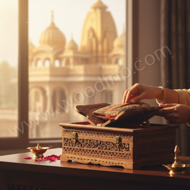 Woodino Woodino Pure Sheesham Wood Sanchi Sahib Box / Rehal Box (16×12×6 Inch) – Brass Inlay & Hand Carving Premium Spiritual Storage Box