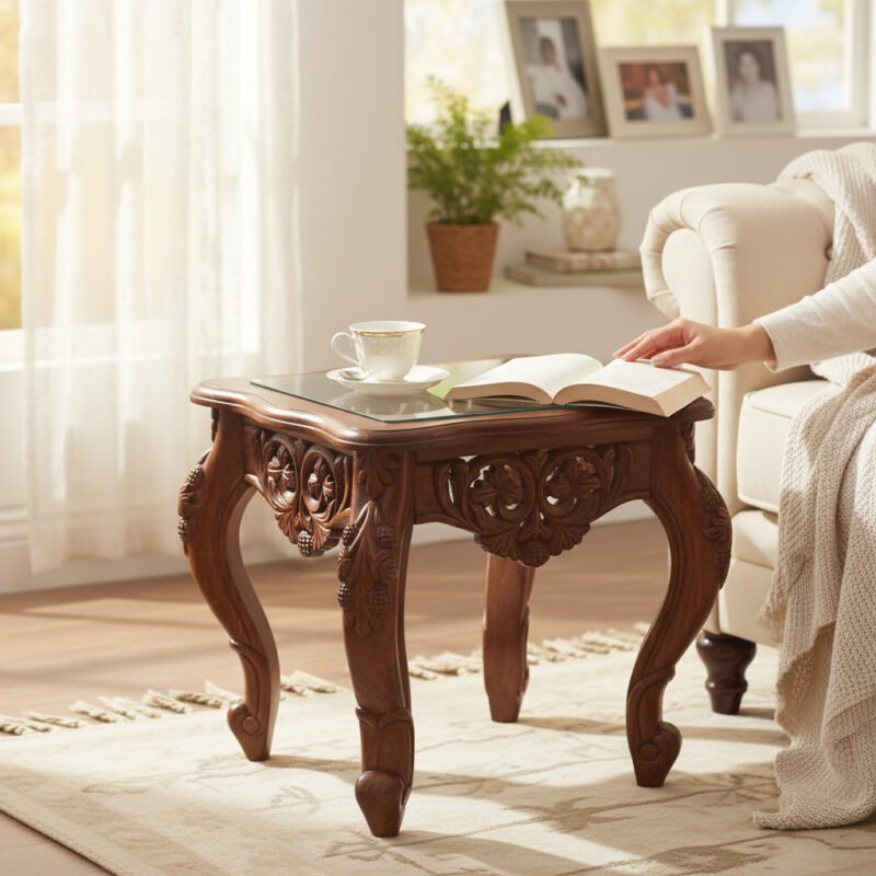 Woodino Woodino Hand Carved Sheesham Wood End Table / Side Table (18×18 Inch) – Wooden Carving Stool with Glass Top (Custom Finish & Glass Options)