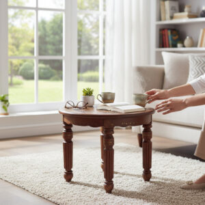 Woodino Sheesham Wood Round Brass Inlay End Table / Coffee Table (52 CM Dia, 46 CM Height) – Hand Carved Vintage Luxury Side Table