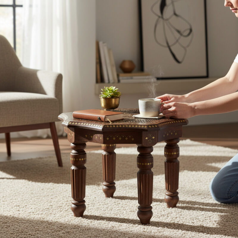 Woodino Woodino Sheesham Wood Brass Inlay Octa Stool / End Table (18 Inch Dia, 14 Inch Height) – Vintage Traditional Jaali Work Luxury Handmade Table