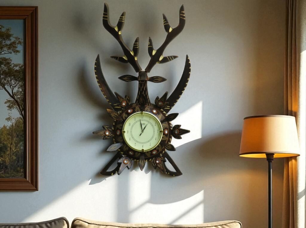 Decorative wall clock with antler design on a living room wall