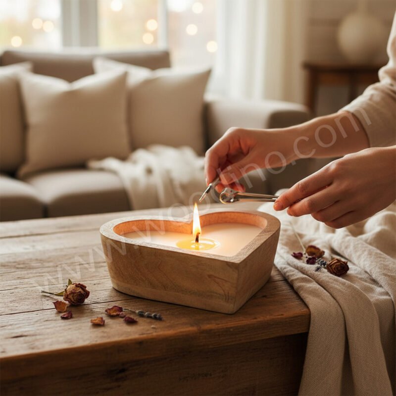 Woodino Woodino Mango Wood Heart Shape Wax Candle Stand (6x6x2 Inch)