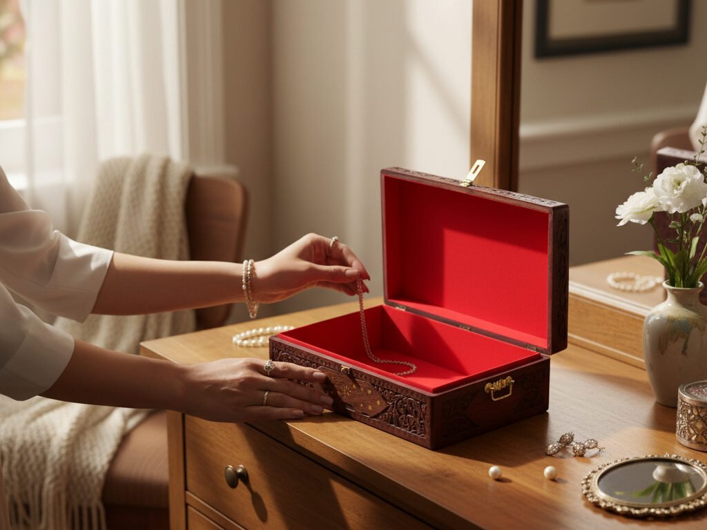 Woman placing a pearl necklace into an ornate jewelry box on a wooden vanity.