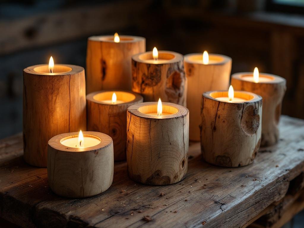 Rustic wooden candle holders with glowing flames on a wooden surface.