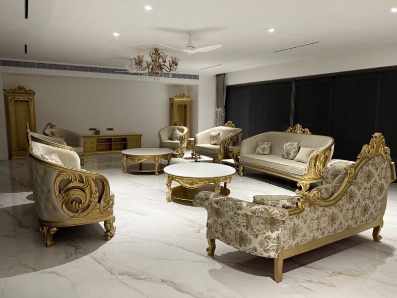 IMG_6887-scaled-1.jpg Woodino The Grand Regency Sofa Suite – Gold Italian Finish | Luxury High density Sleepwell foam Carved with Premium quality fabric ( 12 seater )