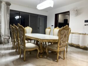 8 Seater Luxury Teak Wood Carved Dining Table –  Gold Italian Finish | Handcrafted Royal Dining Set for Elegant Interiors choice