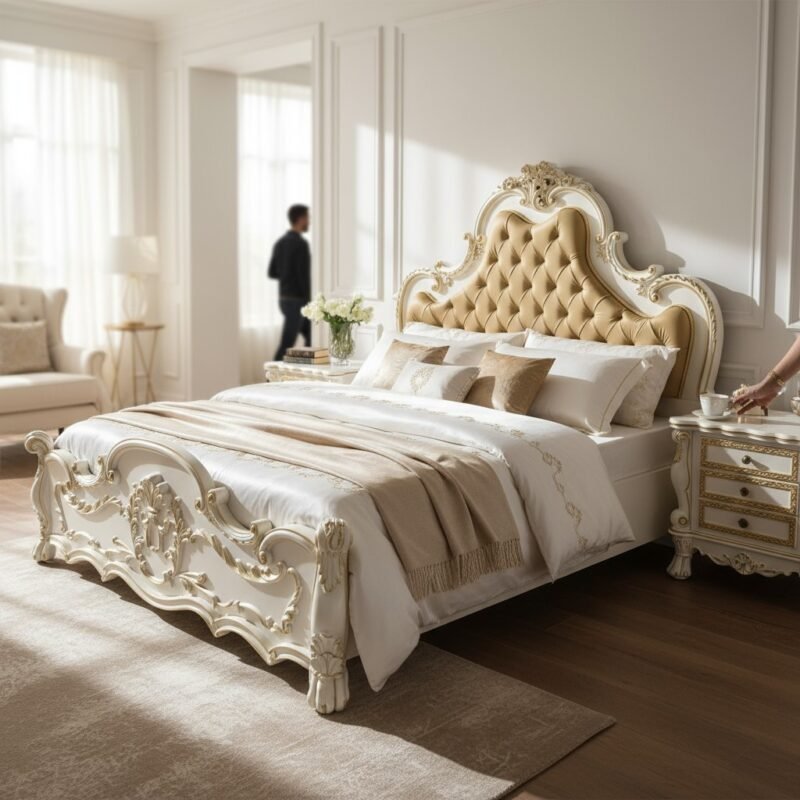 lifestyle-shot-a80a2ee9-016a-427b-aca6-6cb5068d2ecd.jpeg Woodino Luxury Teak Wood King Size Bed – White & Gold Carved Design with Italian Finish | Premium Upholstered Bed (72x78 inches)