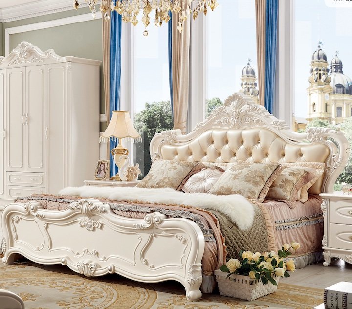 1-1.jpg Woodino Italian Style Teak Wood Bed (Off-White)