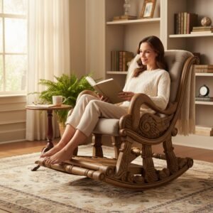 Hand-Carved Solid Wood Rocking Chair | Genuine Brown Leather Upholstery