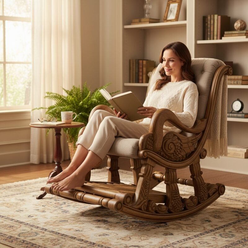 lifestyle-shot-8d26af1d-87de-4ace-aa7d-4dfb5b826f62-1.jpeg Woodino Hand-Carved Solid Wood Rocking Chair | Genuine Brown Leather Upholstery