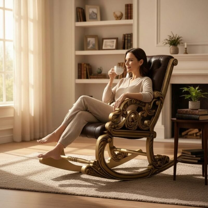 lifestyle-shot-90792fc8-6bb3-4e04-8fe6-976e184c510c-1.jpg Woodino Luxury Royal Baroque Style Hand-Carved Teak Wood Rocking Chair | Brown Tufted Leatherette Upholstery & Gold Finish