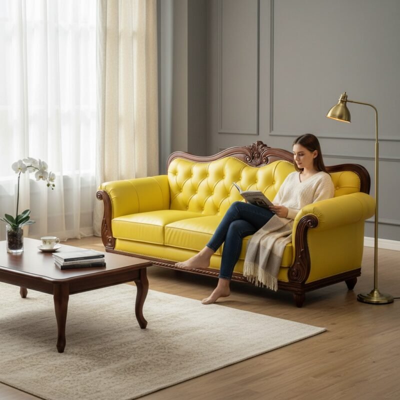 lifestyle-shot-c64f9c01-2f77-4325-9e54-9f822d3807ac-1.jpeg Woodino Vibrant Yellow Tufted 3-Seater Sofa | Antique Style Hand-Carved Wooden Sofa