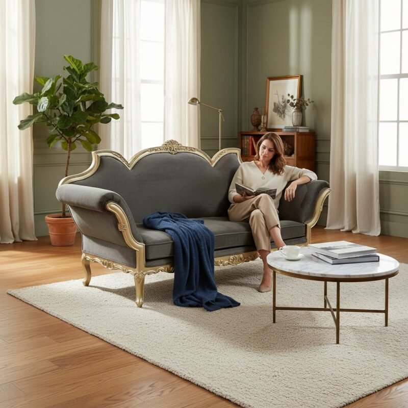 lifestyle-shot-c8d491ed-363b-4167-a4de-61c023194ab4-1.jpeg Woodino French Rococo Carved Wood Settee | Grey Velvet Upholstery